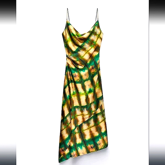 ZARA SATIN COWL NECK GREEN & GOLD SLIP MIDI DRESS SIZE SMALL - Picture 4 of 15